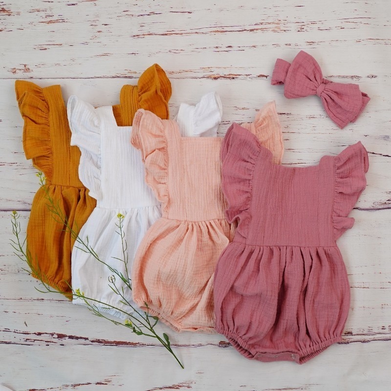 Baby Clothing Organic - ชุดรอมเปอร์แต่งจีบสำหรับเด็กผ้าโปร่งคู่สำหรับ Baju Bayi perempuan จั๊มสูทที่คาดผมสีชมพูมีฝุ่นสำหรับ3M แรกเกิดใหม่ฤดูร้อน