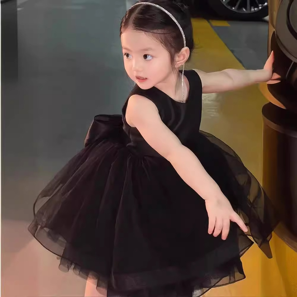 Baby Clothing High End - ชุดเดรสวันเกิดครบรอบ 1 ขวบสำหรับเด็กผู้หญิง ชุดเดรสผ้าโปร่งสำหรับการแสดงเปียโนระดับไฮเอนด์ในฤดูหนาว ชุดเดรสเจ้าหญิงแสนหวาน สีดำ